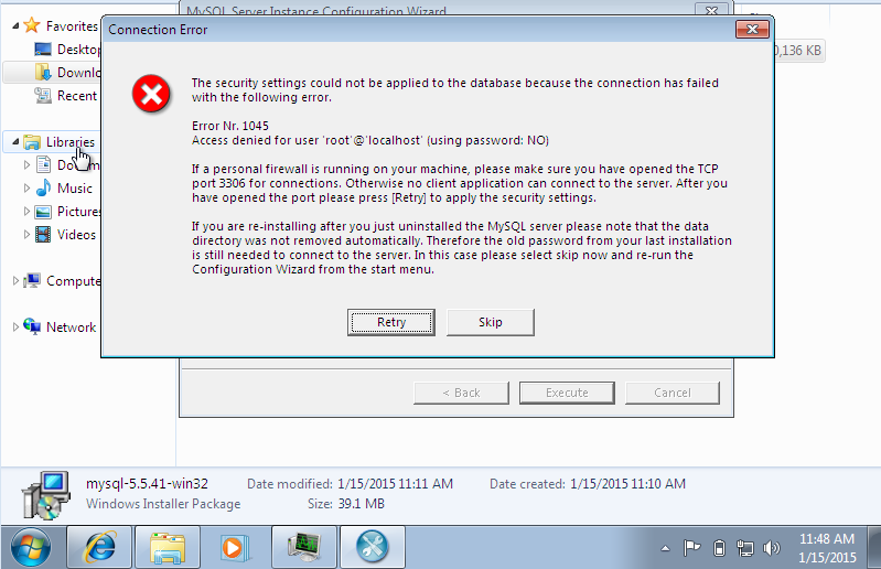 Ошибка Windows installer package. Root Error. Ошибка 1045 MYSQL как исправить. Failed to start application 2000